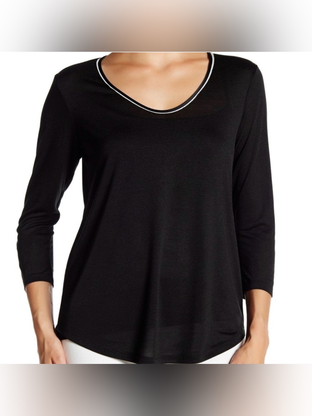 Vince Contrast Neck Fringe Pullover Semi-Sheer Tee